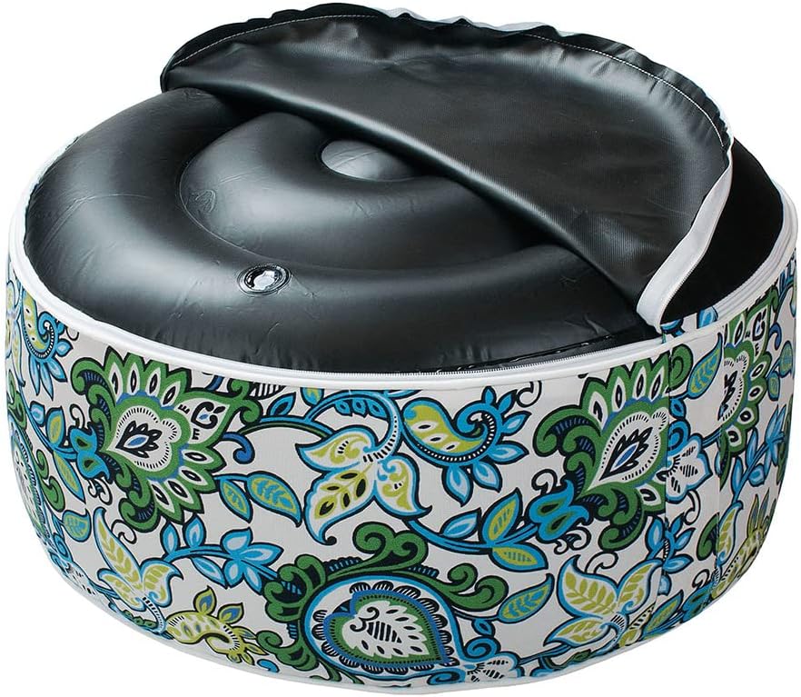 Magpie Fabrics Indoor/Outdoor Inflatable Stool Ottoman Pouf, Water Repellent Round Footrest Footstool with Foot Pump D20 xH9, Portable for Patio Garden Travel Camping or Home, Floral Blue Green