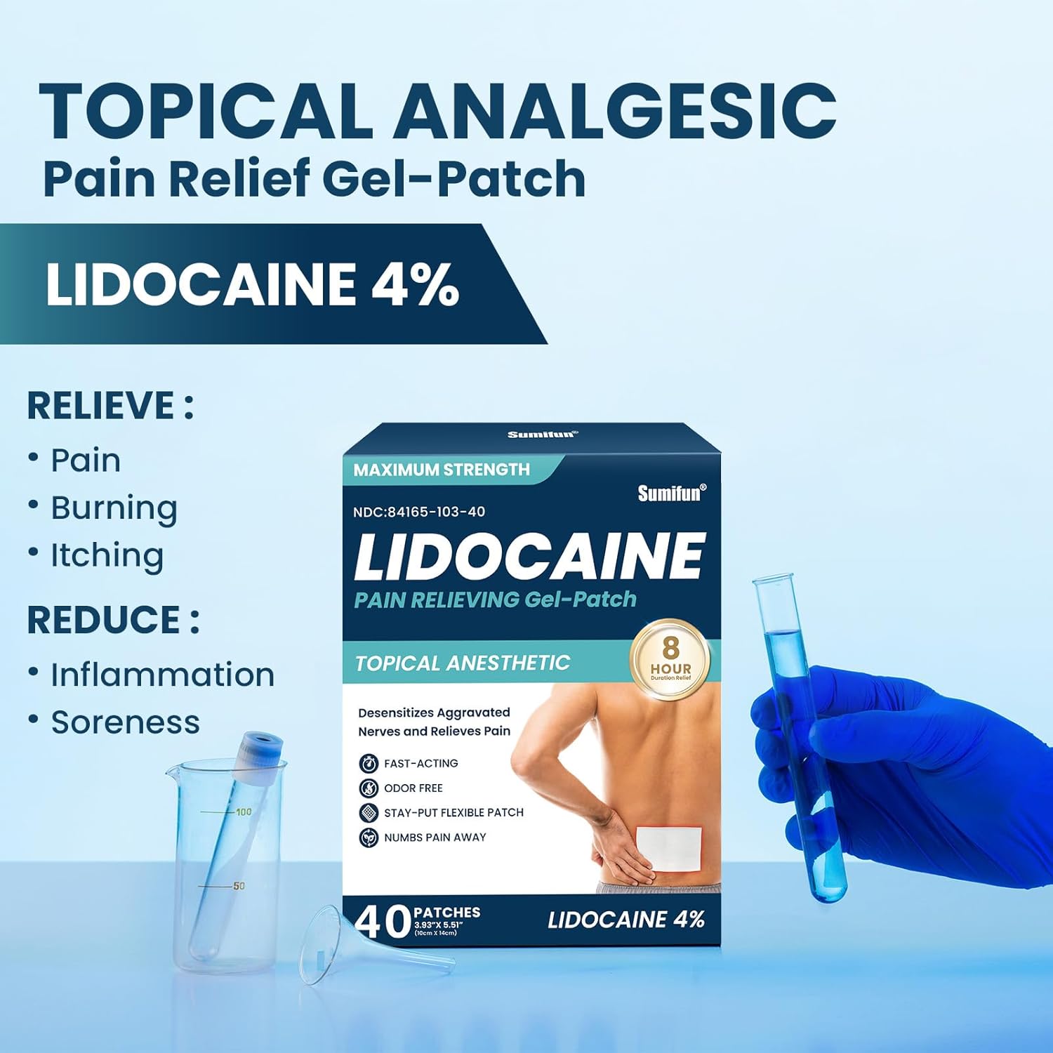 Sumifun 4% Lidocaine Patches Maximum Strength - 40 Count Pain Relief Patches for Back, Shoulder, Elbow, Knee, Muscle & Joint - Topical Analgesic Unscented