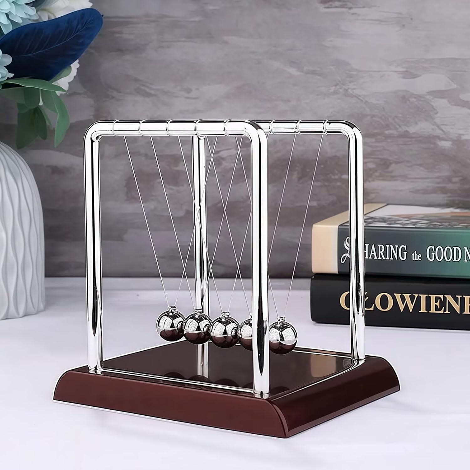 Newton's Cradle with 5 Steel Balls, Balance Pendulum for Physics Learning, Home & Office Decor, Stress Relief Educational Gift (Deep Red Base)