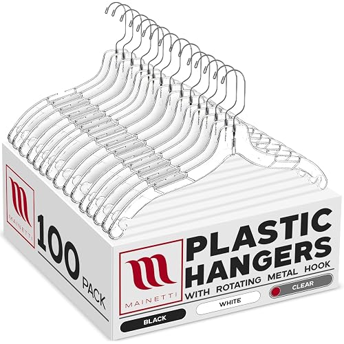 Mainetti Clear Plastic Clothes Hangers 100 Pack | 17-Inch Space Saving Hangers with 360 Swivel Metal Hook & Notches for Straps | Closet Hangers Ideal for Shirts, Tops, Dresses and Jackets (5400SCR)