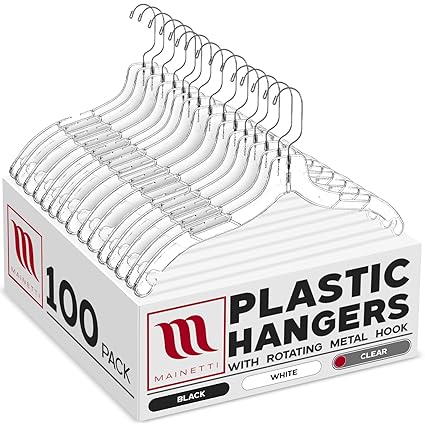Mainetti 5400SCR Clear Plastic Hangers - 100 Pack with 360 Swivel Metal Hook and Notches for Straps, Great for Shirts/Tops/Dresses/Jackets, 17-Inch