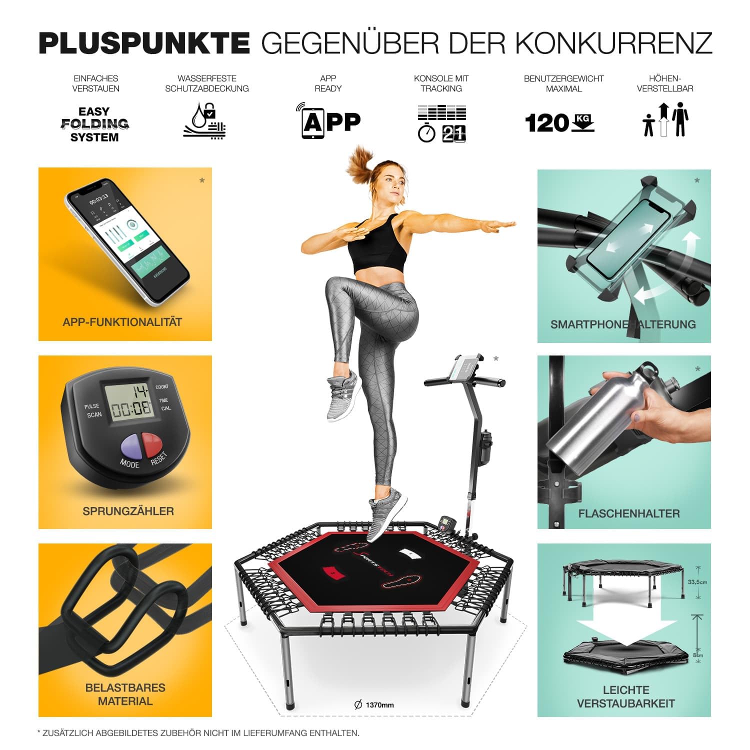Sportstech HTX100 Trampolin, klappbar | Deutsche Qualitätsmarke | Fitness Trampolin mit Haltegriff | Indoor Jumping für Kinder und Erwachsene | Sprungzähler, APP