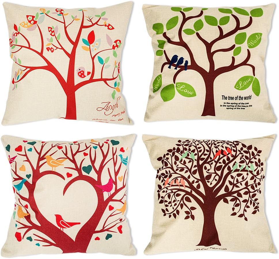 laime Throw Pillow Covers Decorative Pillowcases 18x18inch (4 Pieces Set) Pillow Cases Home Car Decorative (Bird on The Tree)