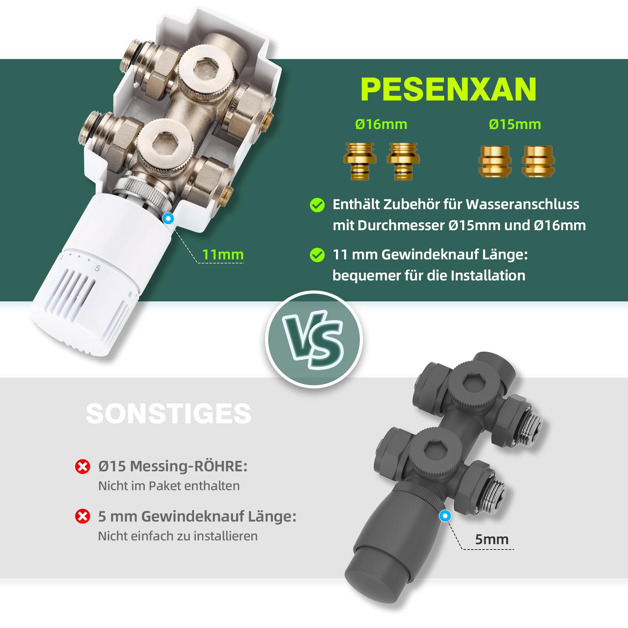 Multiblock Set für Heizkörper Anschlussarmatur mit Thermostat, Hahnblock Heizkörper Ventil Eck- und Durchgangsform 50mm, Heizkörperventil für Badheizkörper Heizungszubehör (G1/2",Weiß)