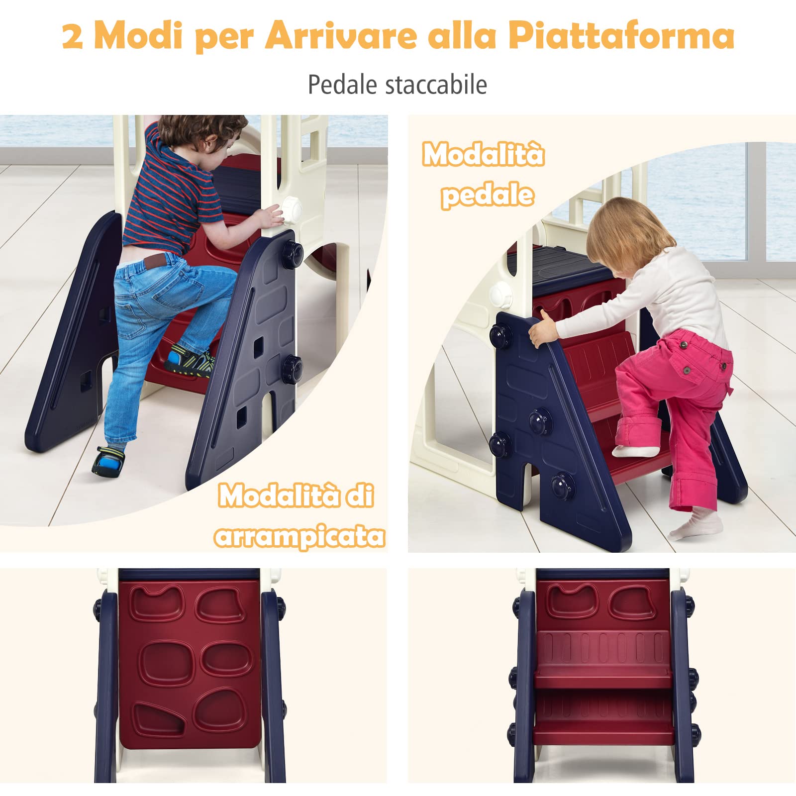 RELAX4LIFE 6 in 1 Scivolo per Bambini, Set Arrampicata Palestra con Canestro da Basket, Tunnel, Lancio dell'Anello, Telescopico, Scivolo per Esterni e Interni in HDPE per 3-8 Anni (Blu slittino)