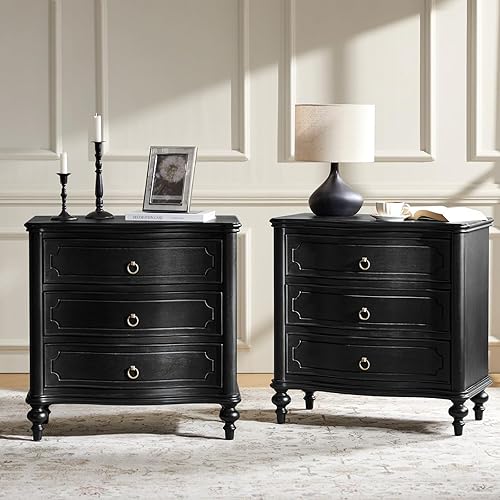 HULALA HOME Wood Nightstands Set of 2 with Charging Station for Bedroom, 3 Drawers Traditional Nightstand Solid Wood Legs, USB Ports & Three-Prong Plugs, Black