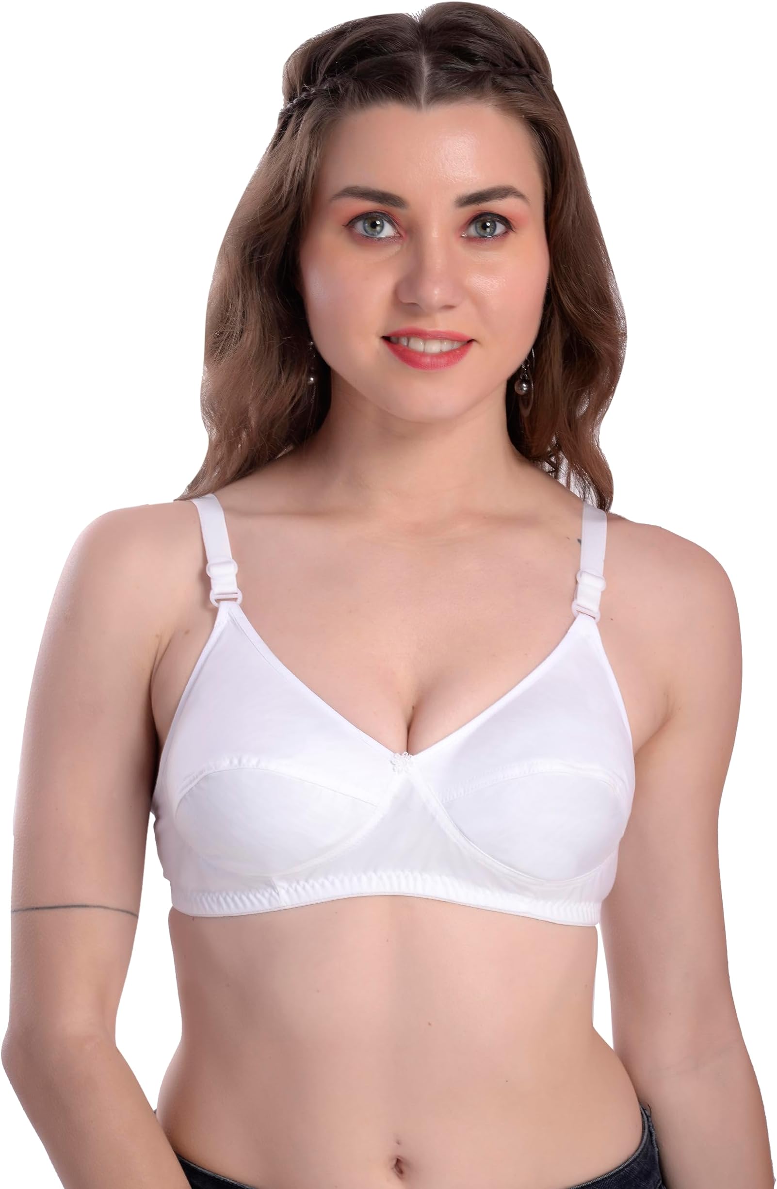 RACOS Women's Pure Cotton Non-Padded Non-Wired Full Coverage Comfortable Everyday Bra in White Color with Double Layered B Cup for Daily Use Combo Pack of 1,2 and 3