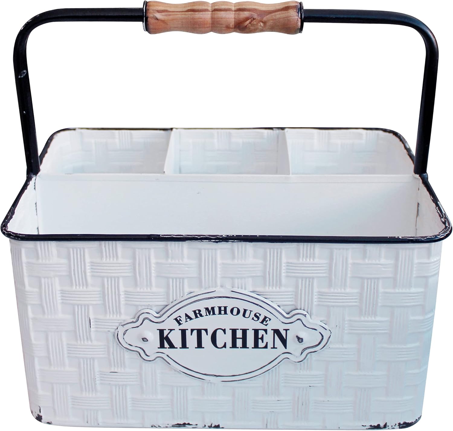 CVHOMEDECO. Rustic Distressed Metal Silverware Organizer Utensil Caddy, Flatware holder, Tabletop Organizer, Enamel Finish with Wood handle and 4 Compartments, White