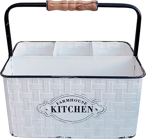 CVHOMEDECO. Organizador de cubiertos de metal rústico envejecido, soporte para cubiertos, organizador de mesa, acabado esmaltado con mango de madera