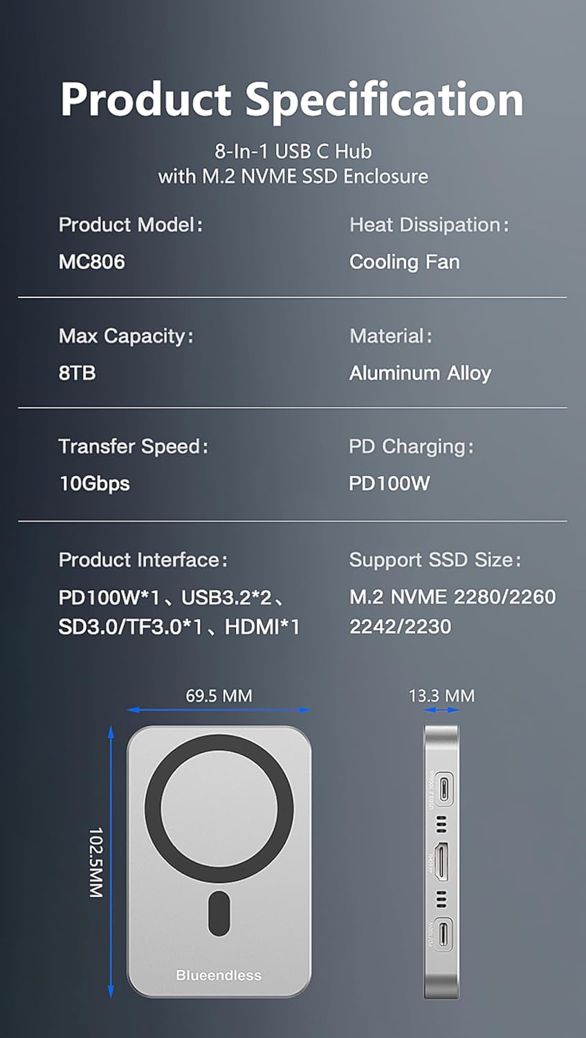 Magnetic Docking Multifunctional Station with M.2 NVMe SSD Enclosure, 10Gbps USB C Hub, 4K60Hz HDMI, SD/TF Card Reader, 100W PD Charging