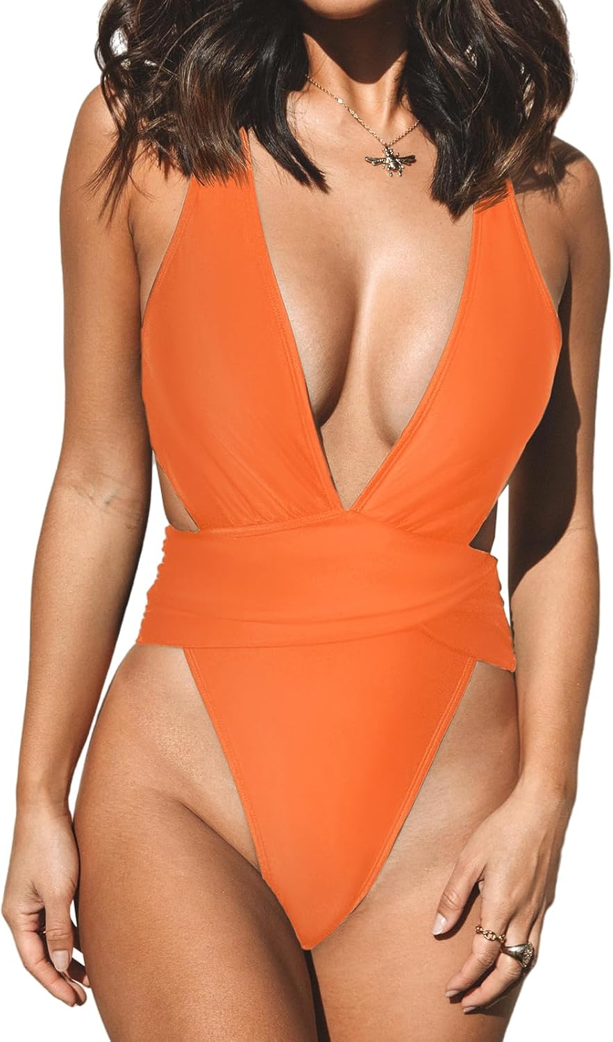 CUPSHE One Piece Swimsuit for Women Bathing Suit Cut Out Cross Back Tie Deep V Neck Ruched High Cut