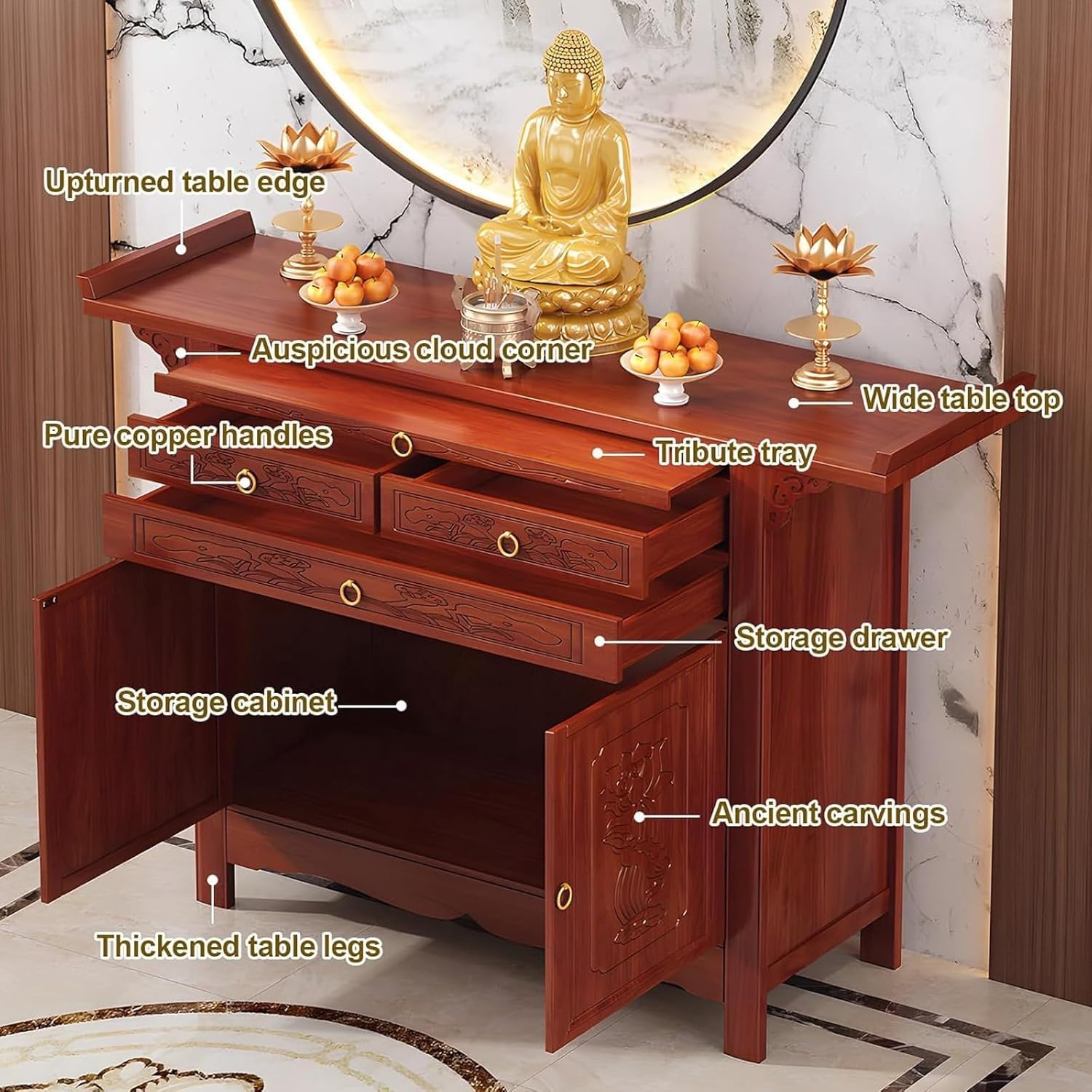 ELEFOCUS Altar Table for Home, Pooja Cabinet with Storage, Shrine Cabinet, Meditation Table with Drawer(50.4in)
