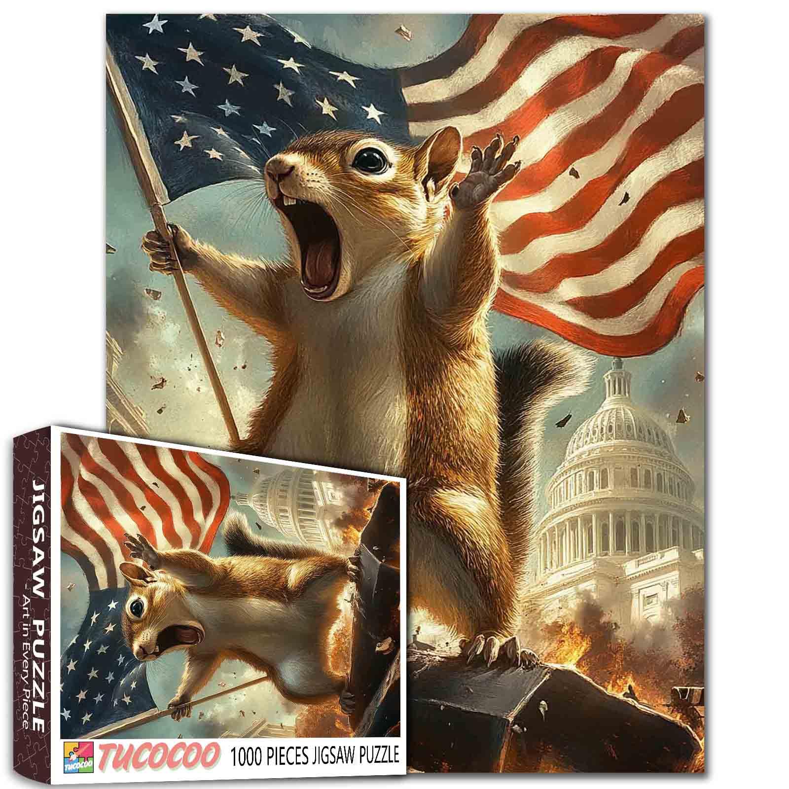 1000-Piece Patriotic Squirrel Jigsaw Puzzle - Waving American Flag & Freedom Design Charging Capitol Hill 27x20 Inches (50x70cm) Premium Art Puzzle