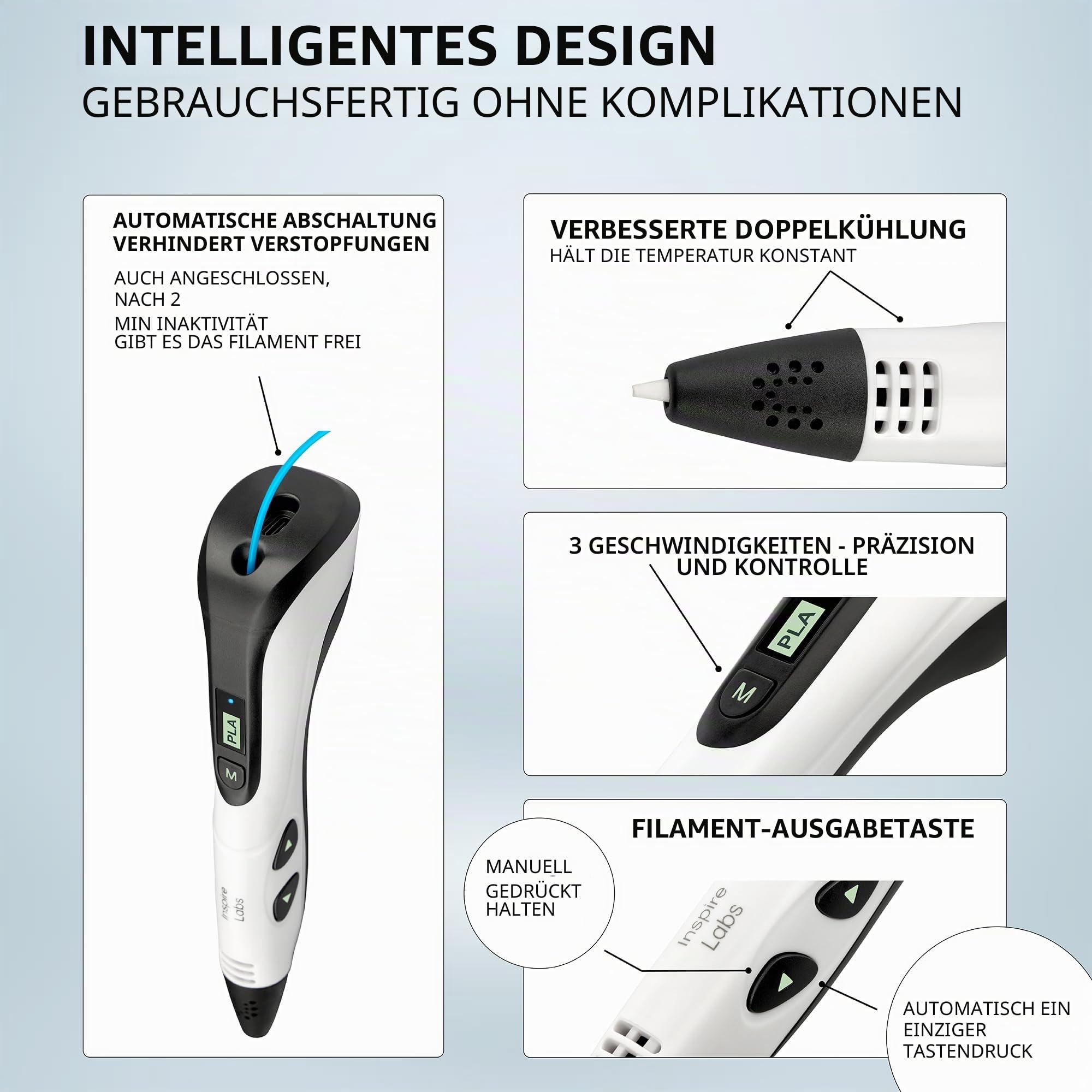 3D-Stift Inspire Labs, Kreativität und Spaß für Kinder und Erwachsene mit sicherem Abschalten, Silikonbasis, automatischer/manueller Modus, 70 M PLA-Filament (14 Farben) + Anleitung auf Deutsch
