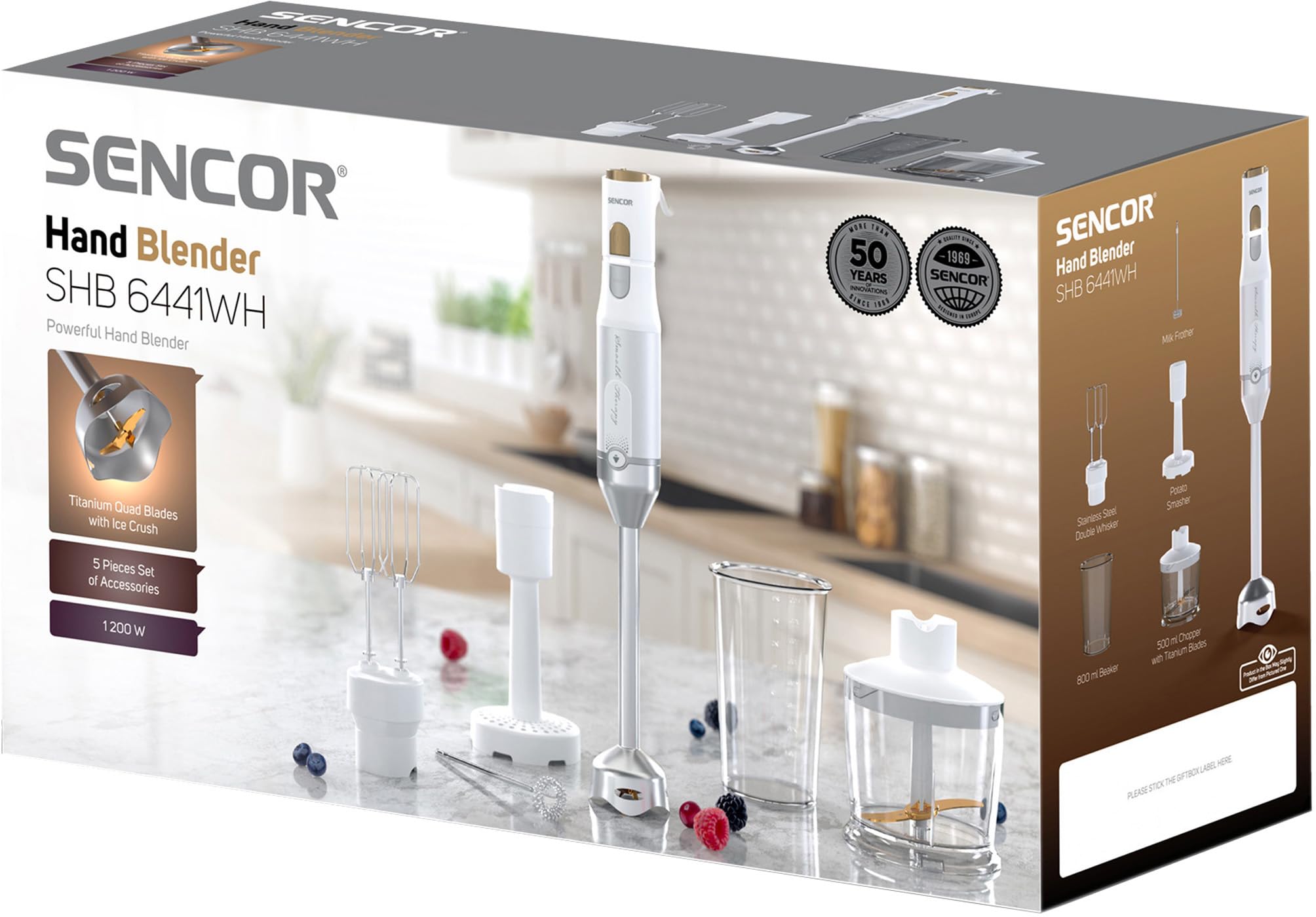 Sencor Batidora de Mano Multifunción Ultra-Potente 6 en 1, 1200W, con Batidor Doble, Picadora y Espumador, Prensapurés, Cuchillas QuadBlade de Titanio, Control de Velocidad Continuo, Elegante - Blanco