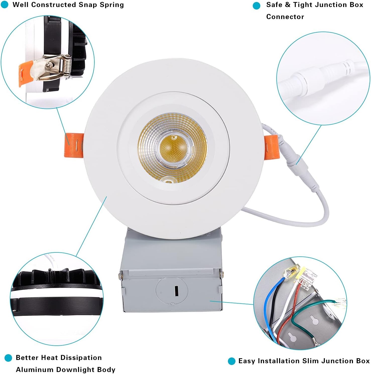 1 Pack 4 Inch LED Recessed Ceiling Light with Junction Box, Airtight Gimbal Eyeball Slim Downlight, CRI80+, 3000K-5000K Selectable, 15W 100W Eqv, 1000LM Dimmable Panel Light, ETL+Energy Star Certified