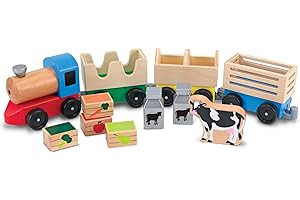 Melissa & Doug Wooden Train Farm Set: Classic Toy with 3 Linking Cars