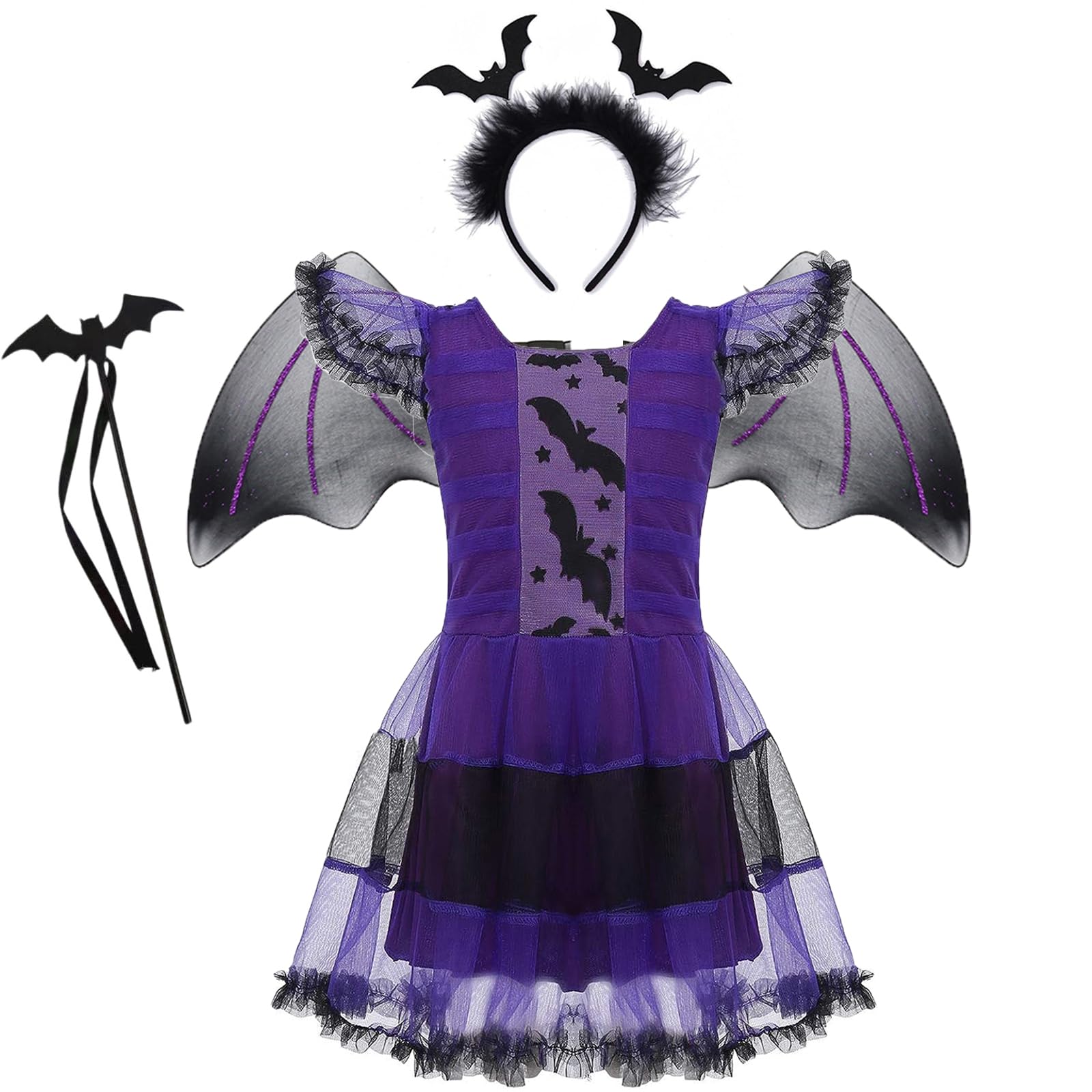 SELORE Disfraz De Murciélago Para Niña 3-12 Años – Vestido Con Alas Y Diadema De Orejas, Ideal Para Halloween Y Carnaval
