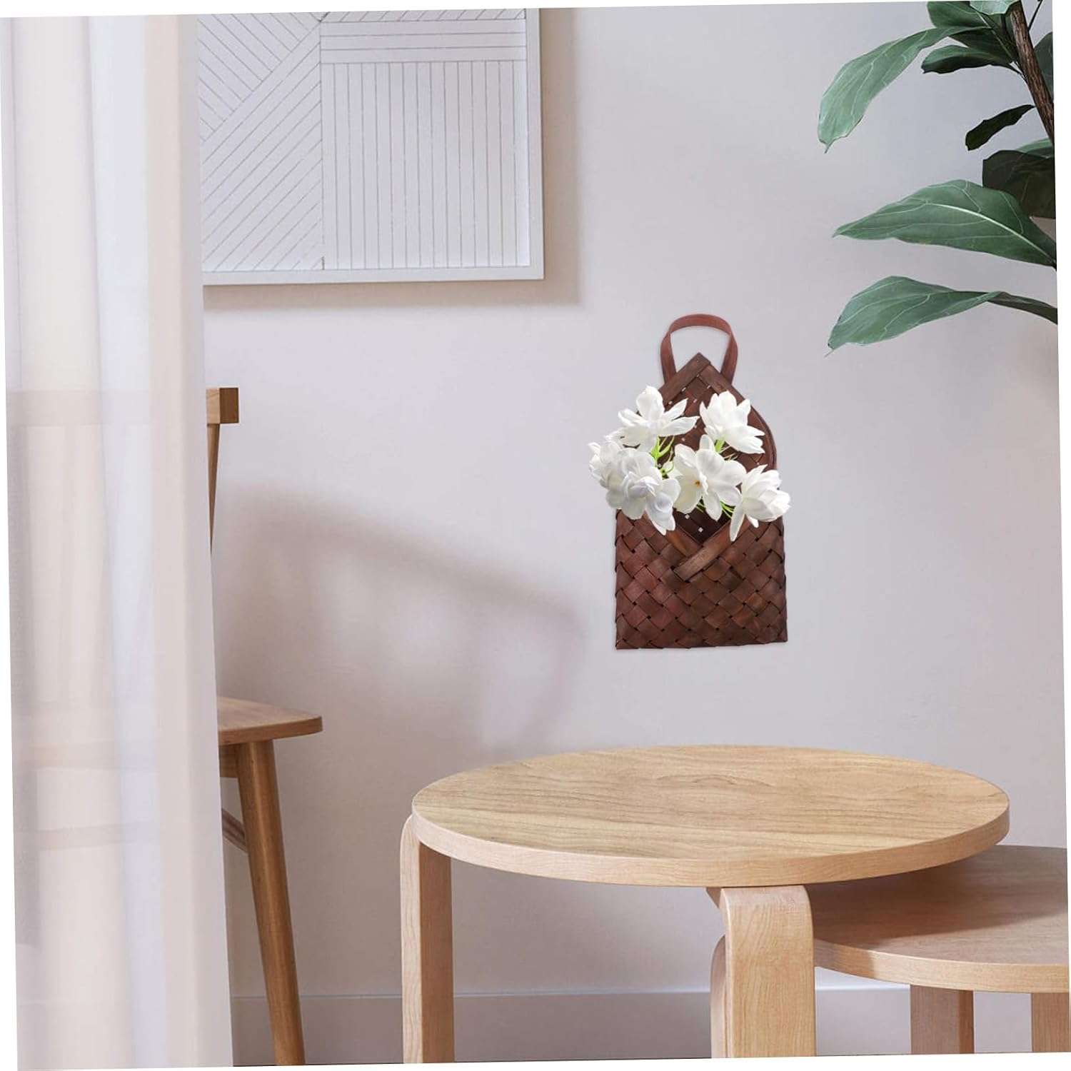 Ipetboom Rustic Hanging Wood Woven Basket for Wall Storage and Flower Arrangement Handmade Decorative Basket with Pastoral Style for Kitchen Home and Garden Organization