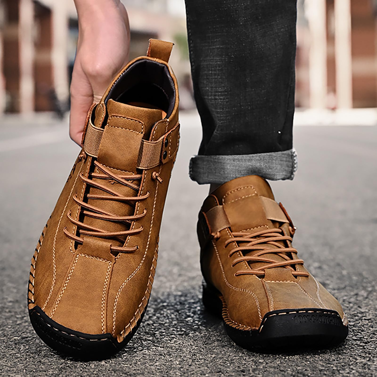 Generisch Lederschuhe Herren Handgemacht Mit Seitlichem Reißverschluss Freizeitschuhe Herren Hoch Leder Walkingschuhe Flache Sohle Fitnessschuhe Ruschfest Schlupfschuhe Outdoor Wanderschuhe Bequem