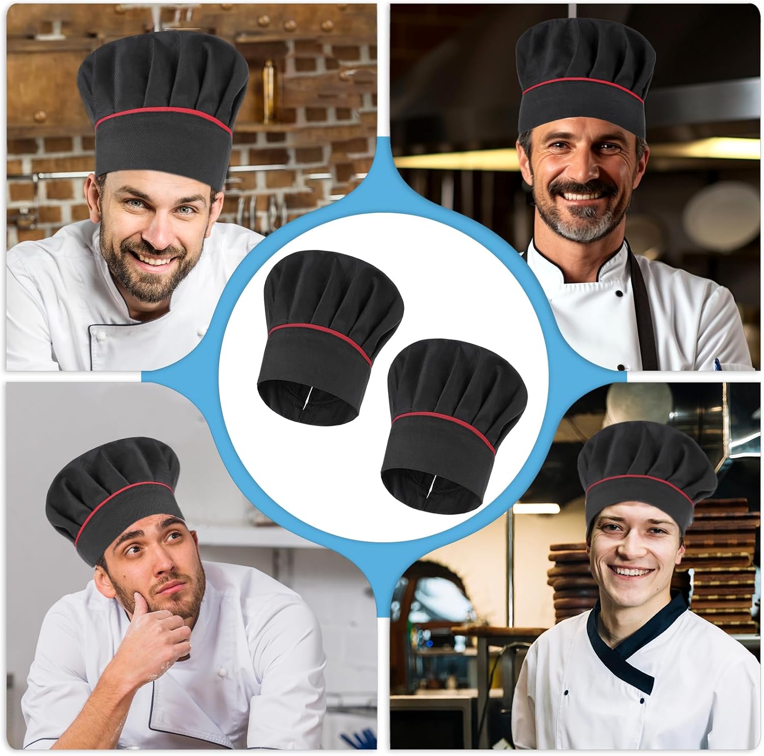 2 Pack Hibachi Chef Hat Tall Chef Hat for Men Adult Black Chef Work Hat Adjustable Elastic Baker Kitchen Cooking Chef Cap for Women Tall Hibachi Chef Works Hats with Red Side Stripes