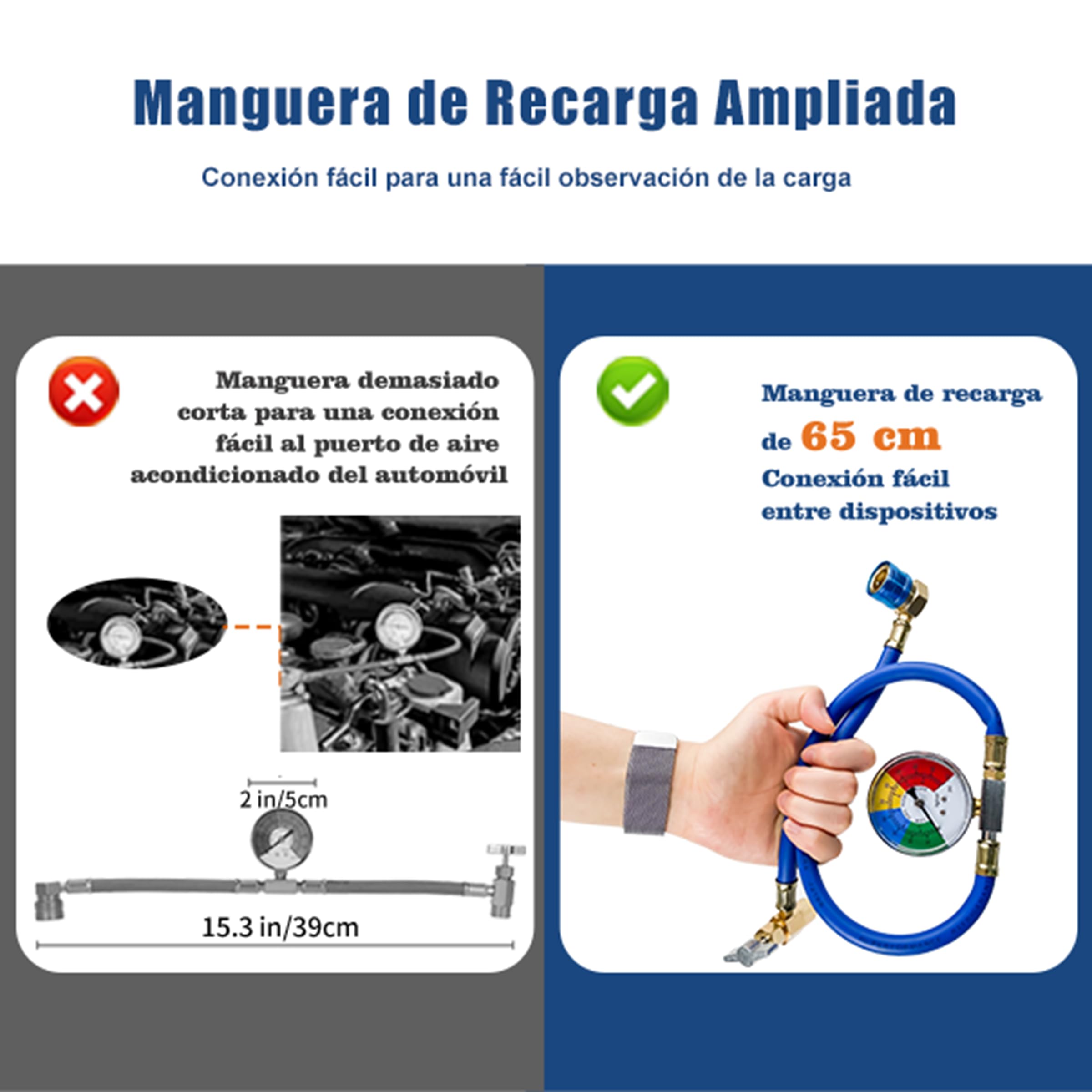 BACOENG R134a Manguera de Carga (65cm de largo) para Aire Acondicionado para Coche con Medida para Coche (1/2 Rosca)