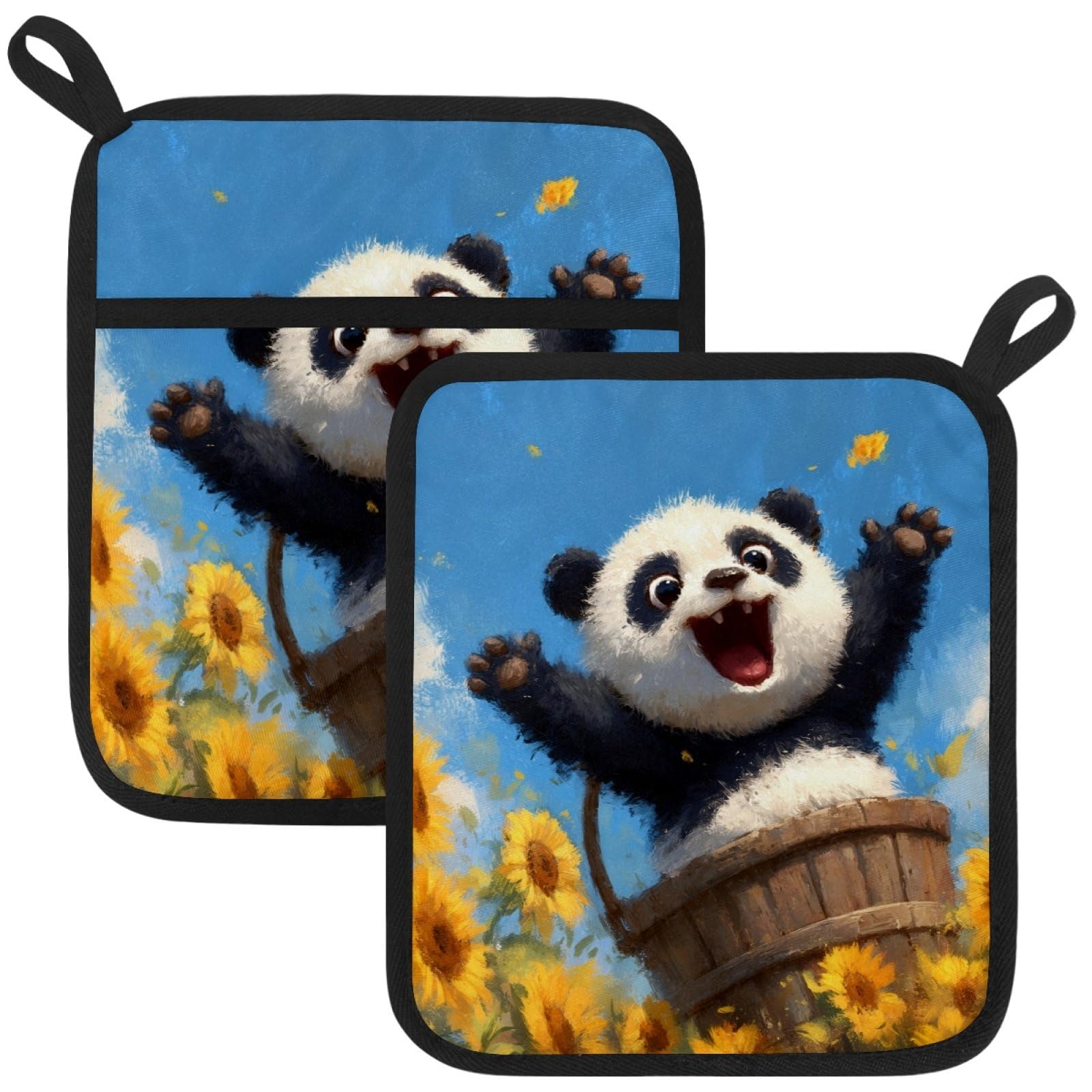 VAPOKF Funny Panda Sunflower Pot Holders with Pocket for Kitchen Heat Resistant Potholders Large Polyester-Cotton Square Oven Mitts Set