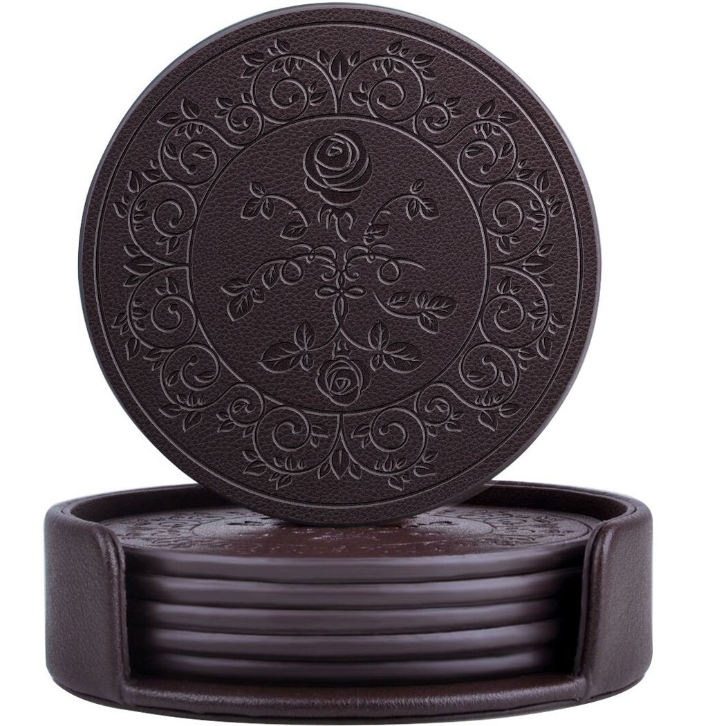 Coasters,365park PU Leather Drink Coasters Set of 6 with Holder Rose Embossed Coaster-Protect Furniture from Water Marks Fantastic Z013 Coffee