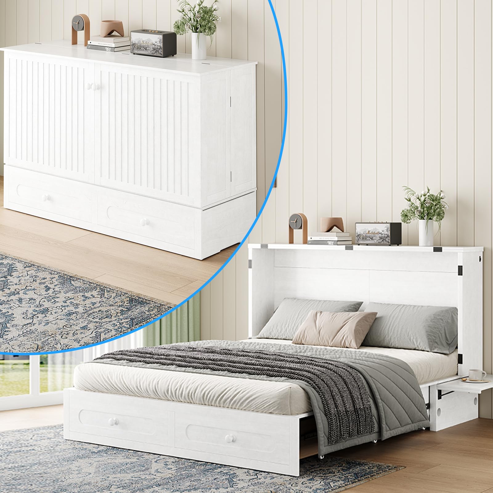Photo 1 of **** PARTIAL SET ONLY BOX 1 OF 2 **** **** SIMILAR NOT EXACT ***Murphy Bed Queen - Solid Wood Cabinet Bed with Storage Drawers &Space Saving Wallbed Hideaway Murphy Beds for Guest Room, Home Office, No Mattress Included, White