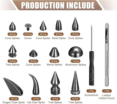 Miniatura 9 de uxcell 270 juegos de tachuelas y picos de forma mixta, 13 tamaños de clavos de cono remaches de cuero con herramientas de instalación para cuero,