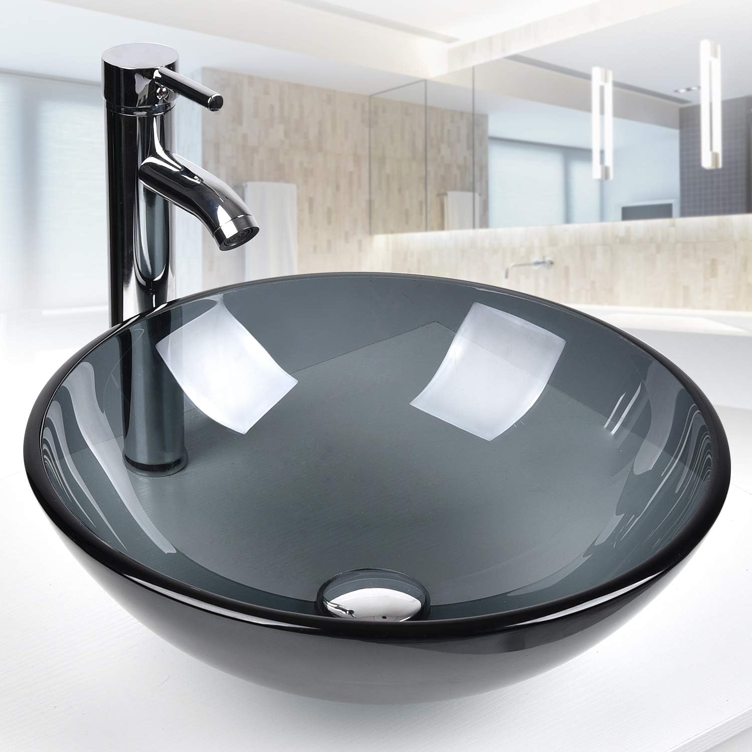 BELOFAY Semi Transparent Black Modern Design Bathroom Counter Top Wash Basin Sink, Glass Bowl Cloakroom Basin for Vanity Cabinet, Toilets and Bathrooms (42x14x42cm) (WxHxL) โ image 1