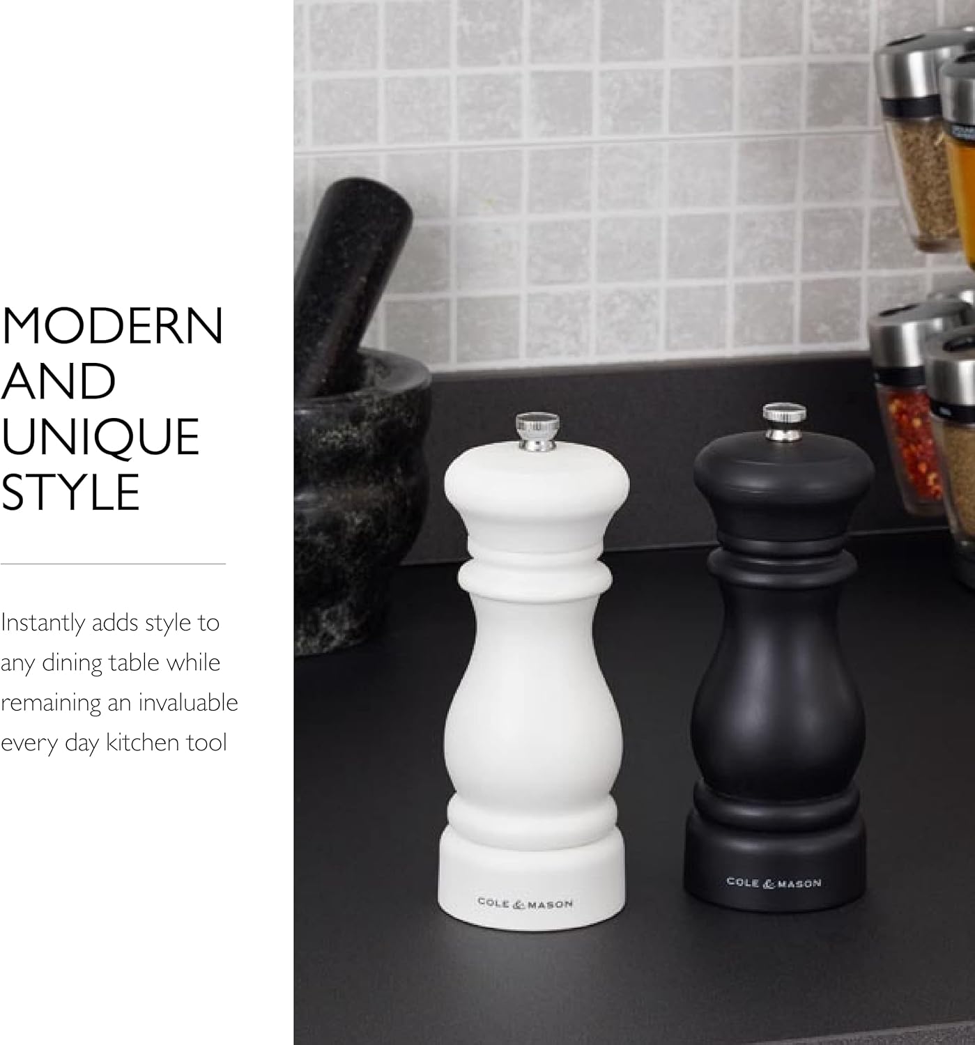 Cole & Mason Southwold Classic Salt & Pepper Mill Gift Set - Salt and Pepper Grinders with a Matte Finish - Adjustable & Refillable Mills - Hand Wash Kitchen Tool - Black/White