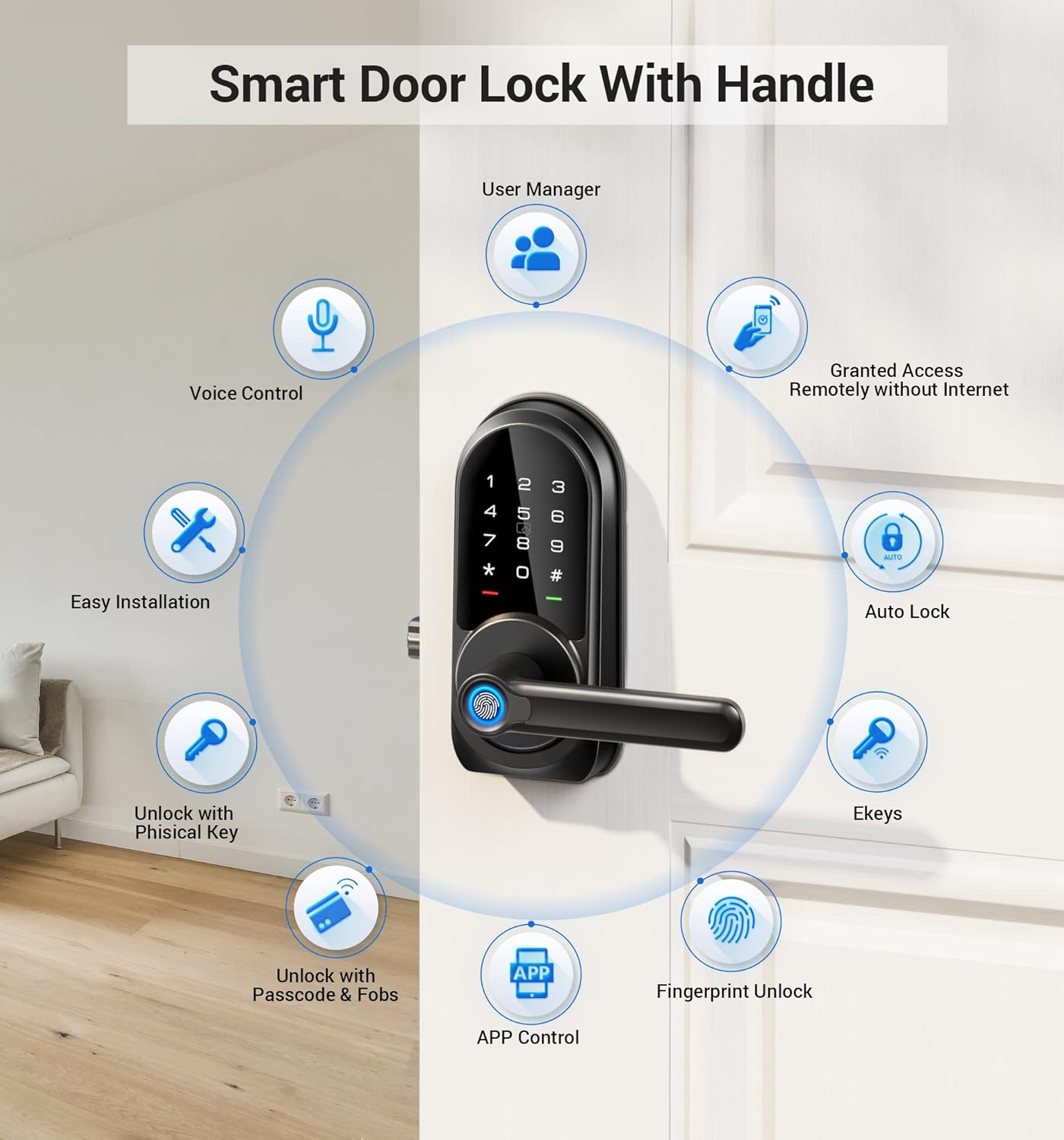 Veise Smart Lock, Keyless Entry Door Lock with Handle, Fingerprint Door