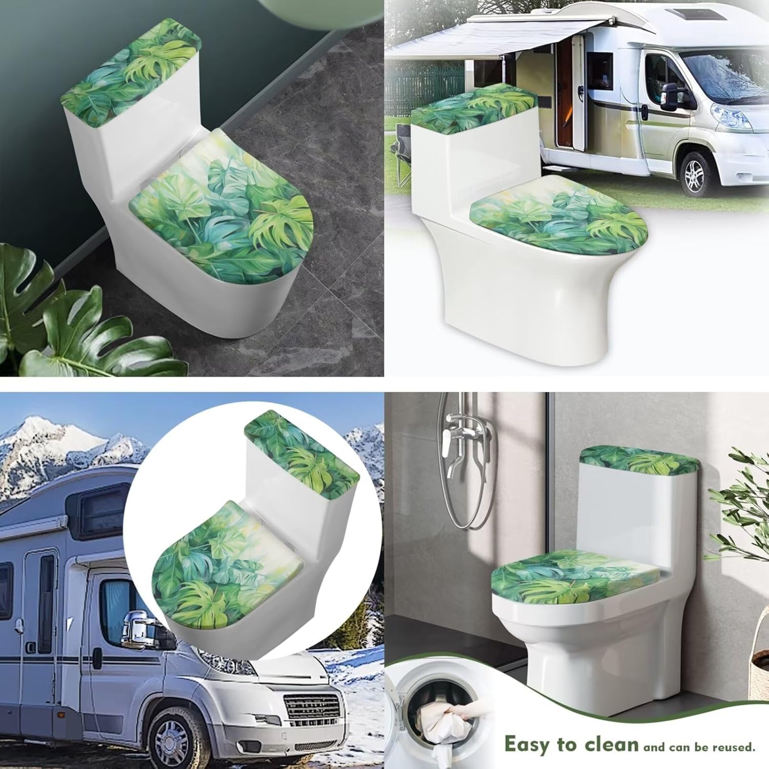 Green Toilet Lid Cover Set Leaf Three Piece Bathroom Rug Set Washable Toilet Seat Covers Non Slip Flannel Mats for Bedroom Living Room Travel Rv Essential