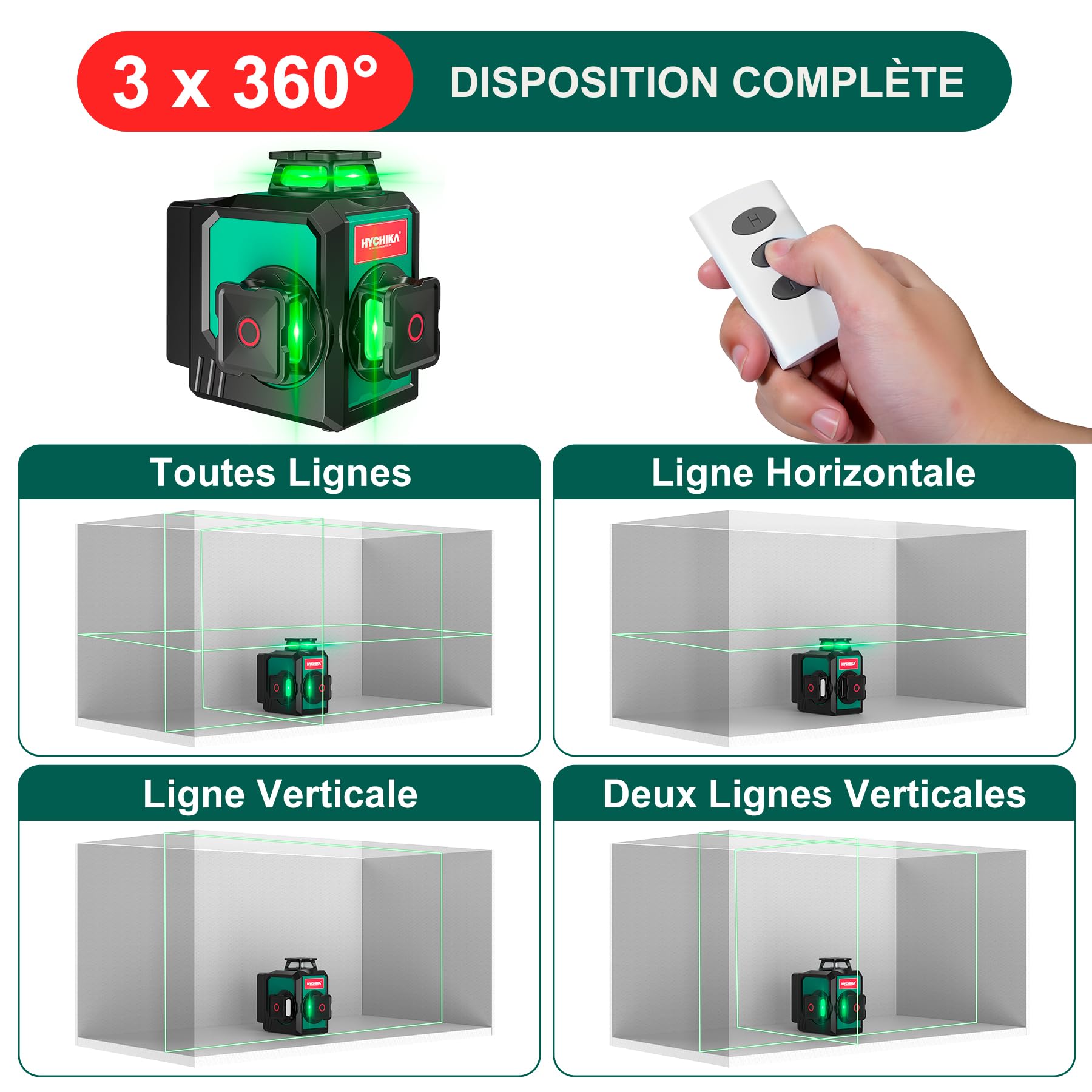 HYCHIKA Nivel Laser Autonivelante 360 Grados, Nivel Láser con Trípode 12 Líneas, 1 x 360° Horizontal y 2 x 360° Verticales, 2 x 3000 mAh Batería, Control Remoto, Bolsa de tela, IP54