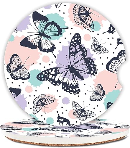 Miniatura 32 de 2 posavasos de automóvil a cuadros rosa y blanco, posavasos de cerámica con muesca para dedos, piedra de cerámica de 2.56 pulgadas y base de corcho