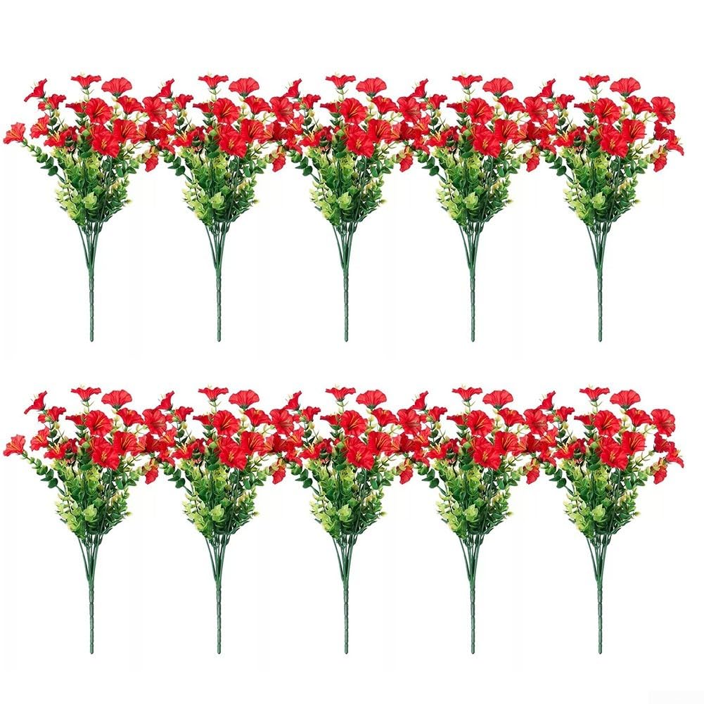 Juego de 10 flores artificiales de seda, eucalipto (10 rosas rojas y rojas)