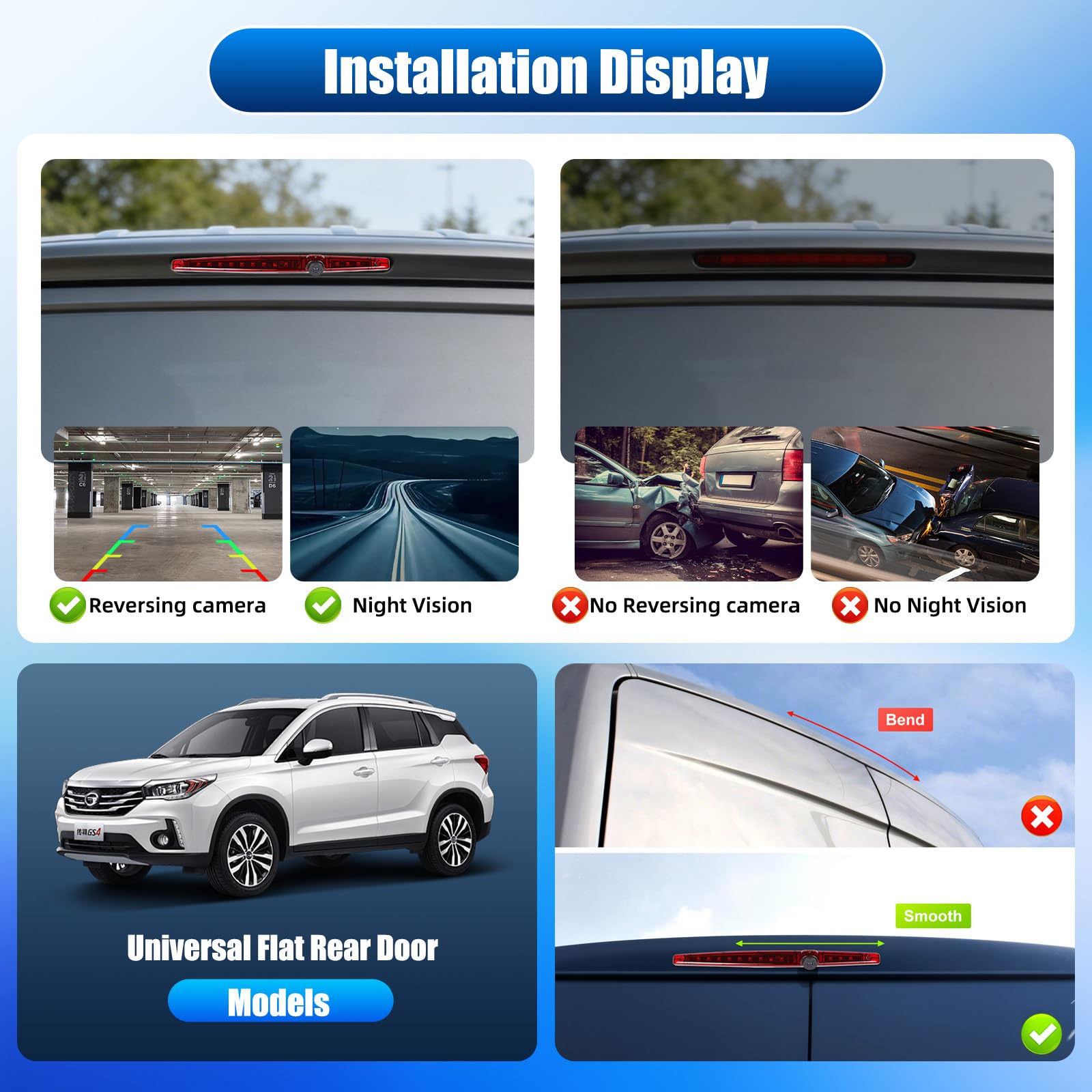 Telecamera Posteriore per Universal Flat Rear Door Models, Telecamere Posteriori con Terza luce di stop, Visione Notturna, Impermeabile IP67, Angolo Regolabile, con Linea di retromarcia