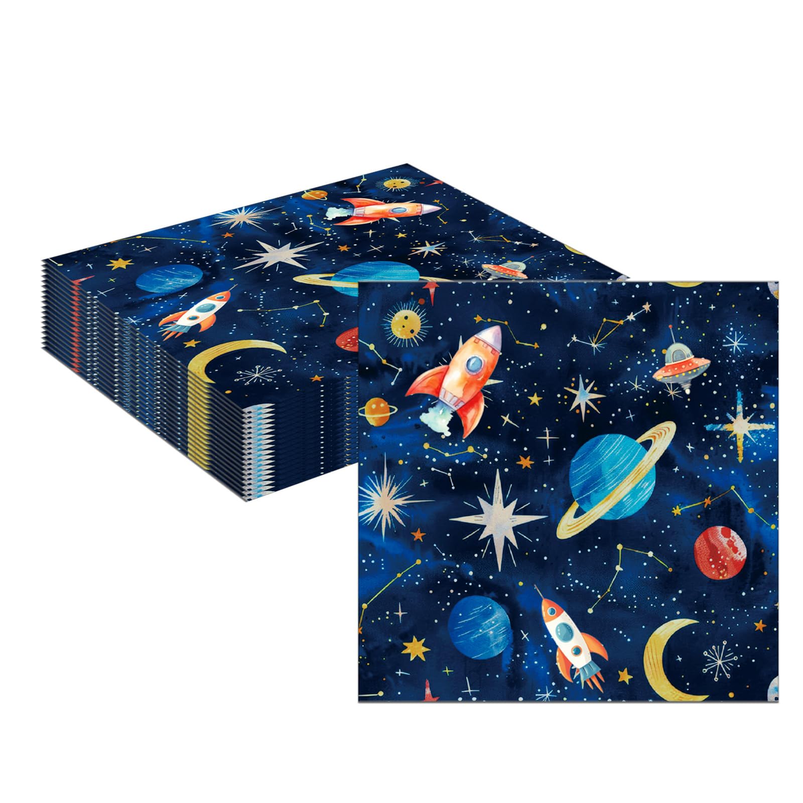 MORAINJAY 40 Pcs Outer Space Napkins, Rocket Paper Napkins,Navy Blue Serviettes for Kids Birthday, Outer Astronaut Party Decorations, Solar System Table Decor, Celebration Supplies