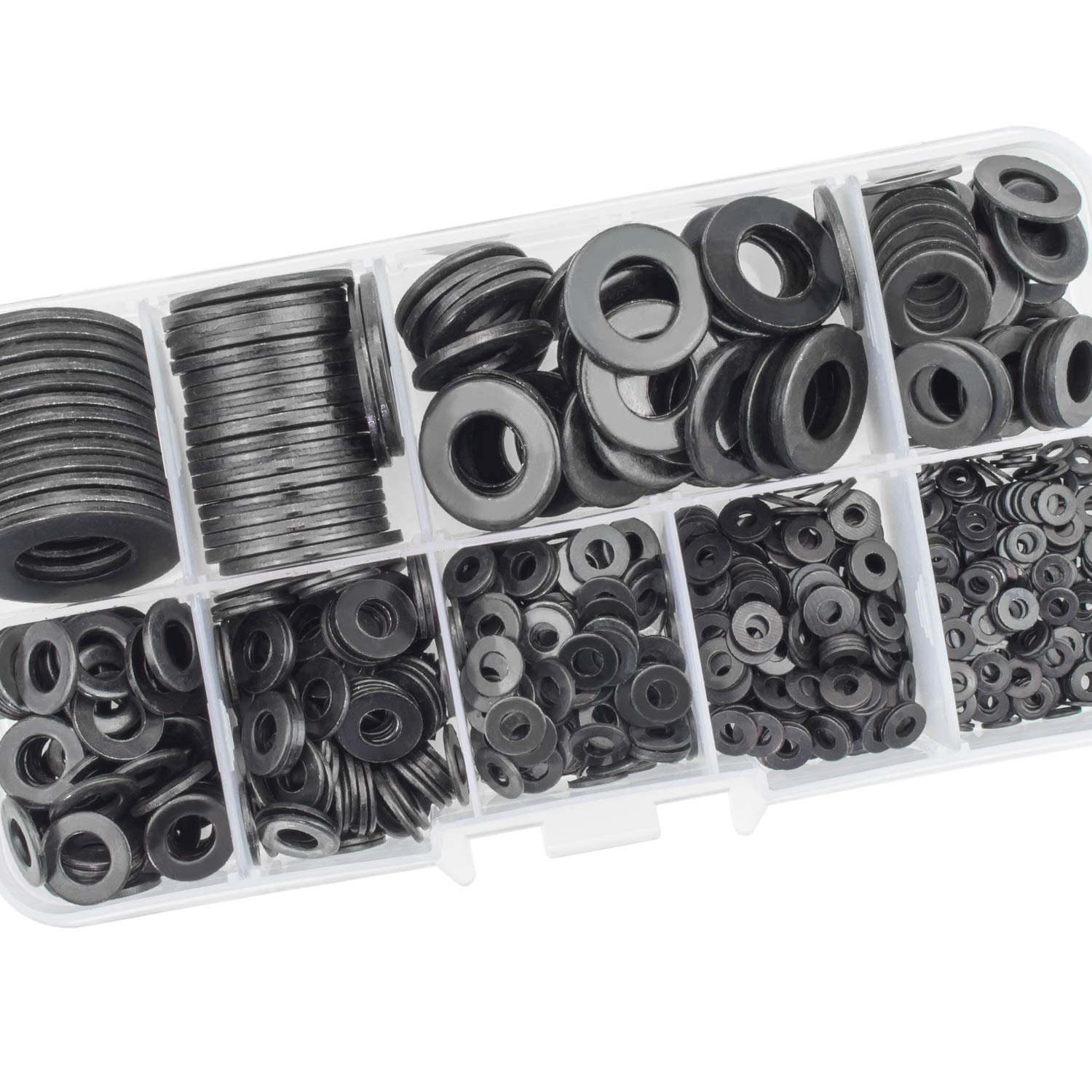 Black Zinc Plated Alloy Steel Flat Washers Set 580 Pieces, 9 Sizes - M2 M2.5 M3 M4 M5 M6 M8 M10 M12
