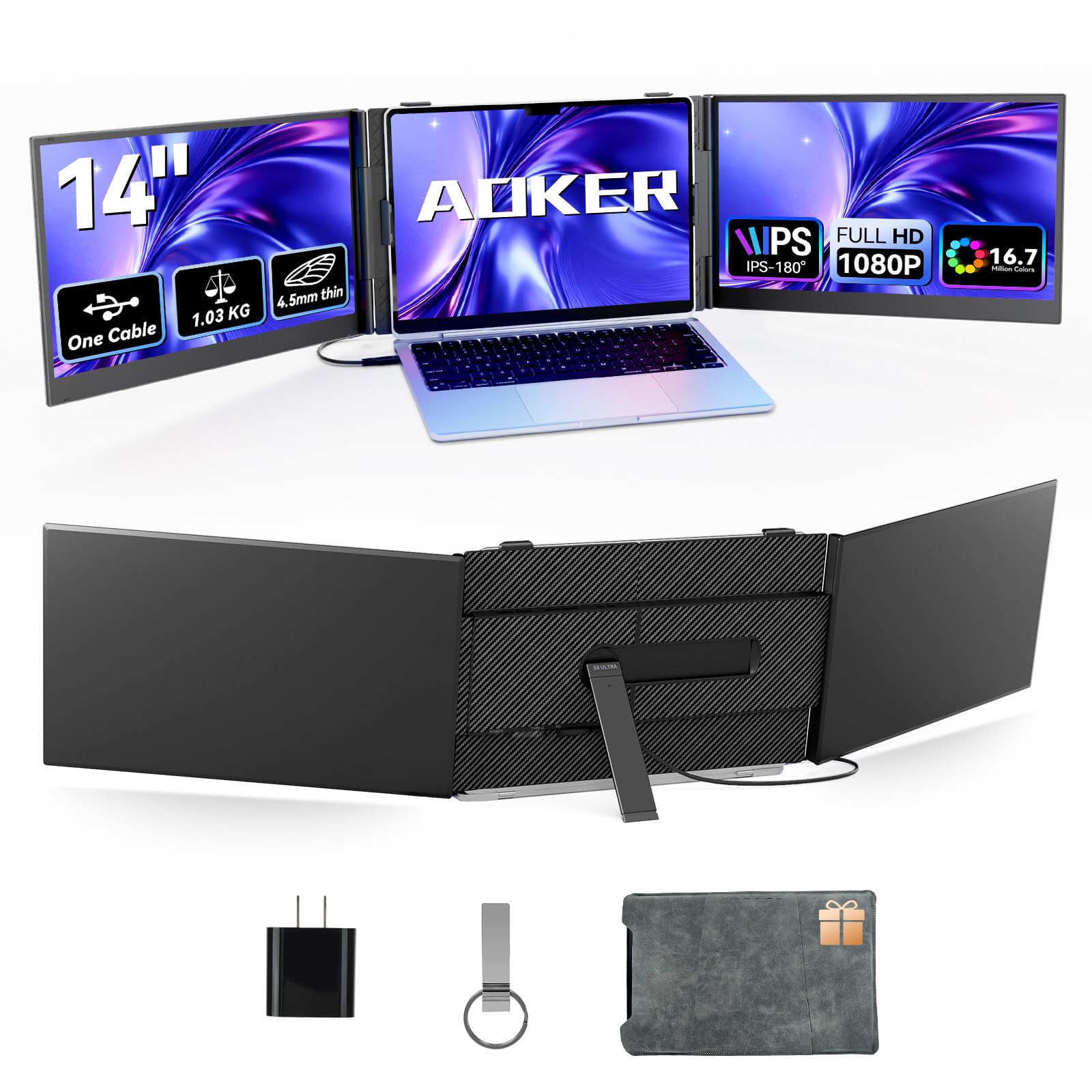 One Cable Connection Triple Laptop Screen Extender - Ultra Thin 14" Monitor IPS FHD 1080P Lightweight Portable Display for 13"-17" Laptops Compatible with Windows Mac Chrome Travel Work Setup 14.3"