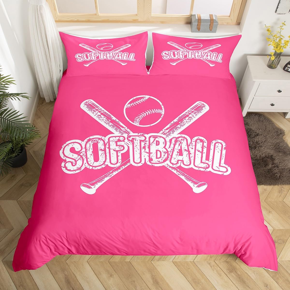 Softball Bedding Set,Sports Gaming Duvet Cover for Kids Teens Boys Girls,Sport Softball Comforter Cover Decorative Room,Pink White Quilt Cover with 2 Pillowcases,King Size(No Comforter)