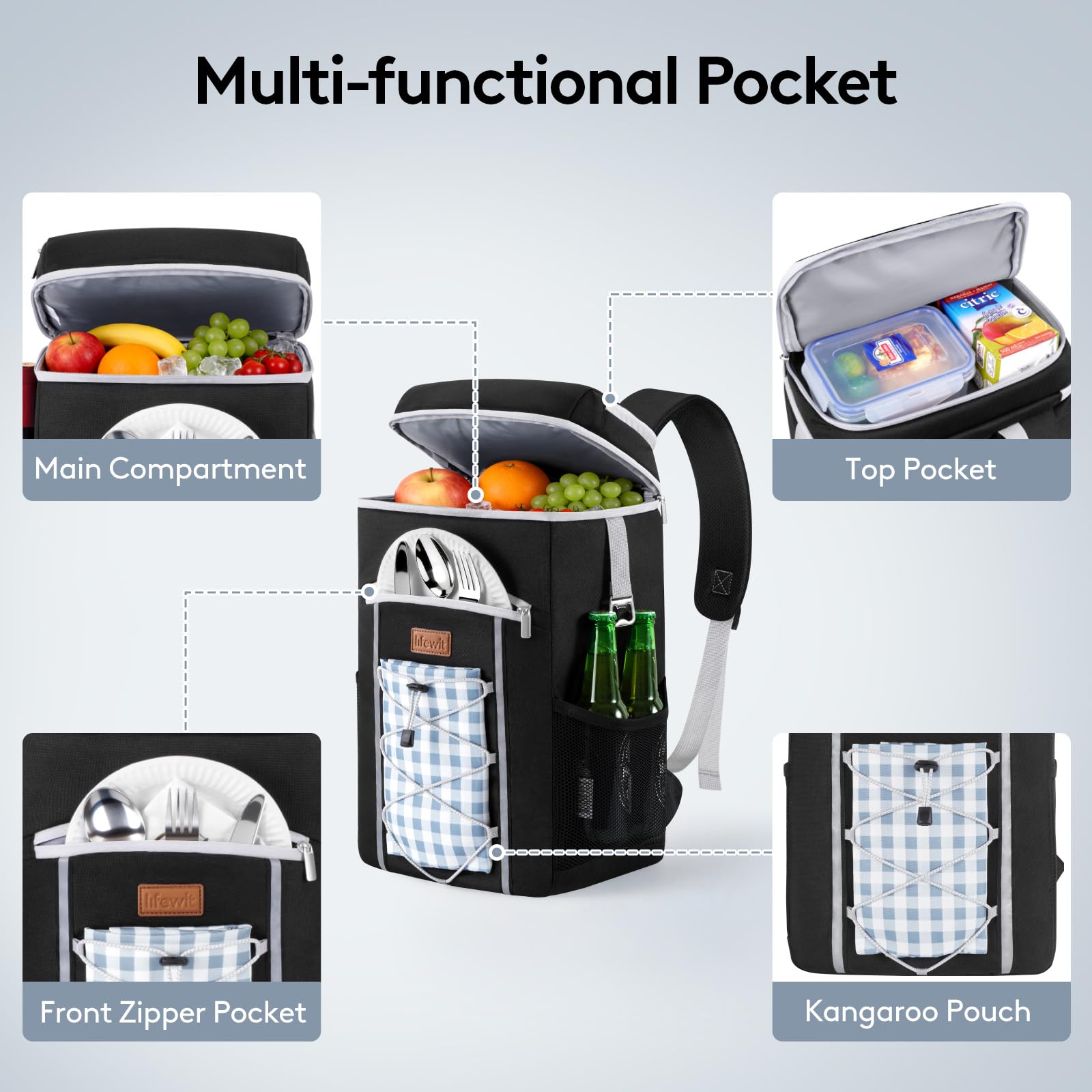 Lifewit Mochila Nevera 23L, Bolsa Termica Portatil, Impermeables Mochilas Termica Porta Alimentos pour Playa, Picnic, Camping, Viaje, Trabajo, Senderismo, Negro