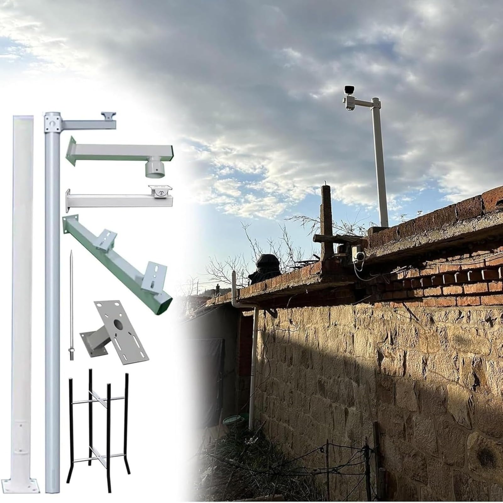 Générique Poteau de Surveillance extérieur en Acier galvanisé avec Bras de Fixation, système de Montage et rallonge pour caméras de sécurité CCTV.