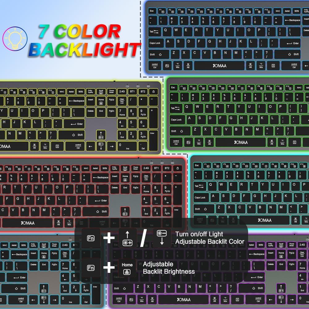 JOMAA Dual Mode Wireless Keyboard, 2.4G Bluetooth 3 Devices Switch, Quiet Scissor Switch Keys, Backlit with Multimedia Shortcut Keys, for Windows/Mac/iOS/Android PC Laptop Tablet