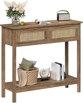 Trironsun Boho Rattan Console Table with 2 Drawers 2 Tier Entryway Table Farmhouse Wood Sofa Table with Open Storage Shelf for Living Room Hallway Foyer Caramel Oak