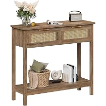 Trironsun Console Table with Rattan Drawers and Shelf, Boho Hallway Table with 2 Drawers, Wooden Sideboard for Living Room, Entrance Area or Behind the Sofa Caramel Oak