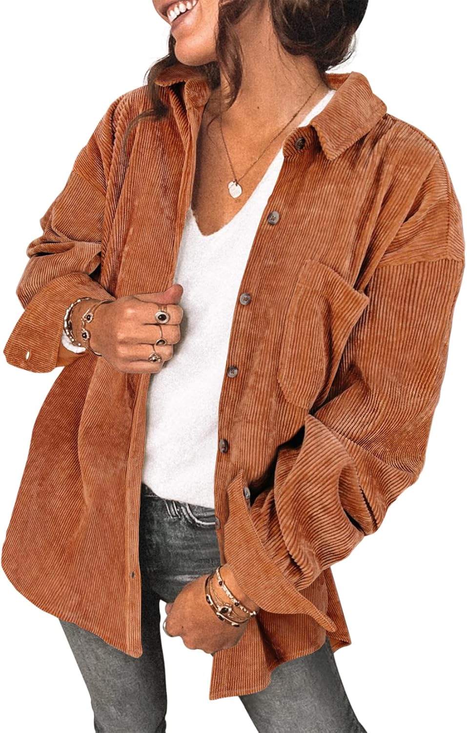 Saslax Womens Corduroy Shirt Long Sleeve Oversized Button Up V Neck Blouses Tops Loose Shacket Jacket