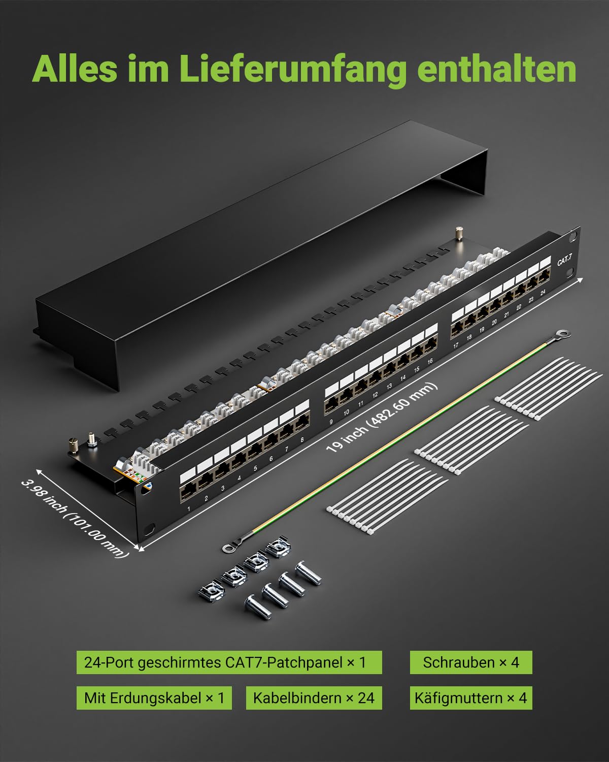 Geschirmtes 24 Port CAT7 Patchpanel Verteilerfeld, 10 Gbit/s, Vergoldete Patchpanel 19 Zoll für Cat7/6A/6 Verlegekabel, Metallgehäuse mit Erdung für Wandmontage und Heimvernetzung