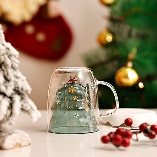 Miniatura 5 de DONGSHANGIFT Juego de 2 tazas de árbol de Navidad de doble pared, tazas de cristal para árbol de Navidad con tapa y asa, lindas tazas de regalo para